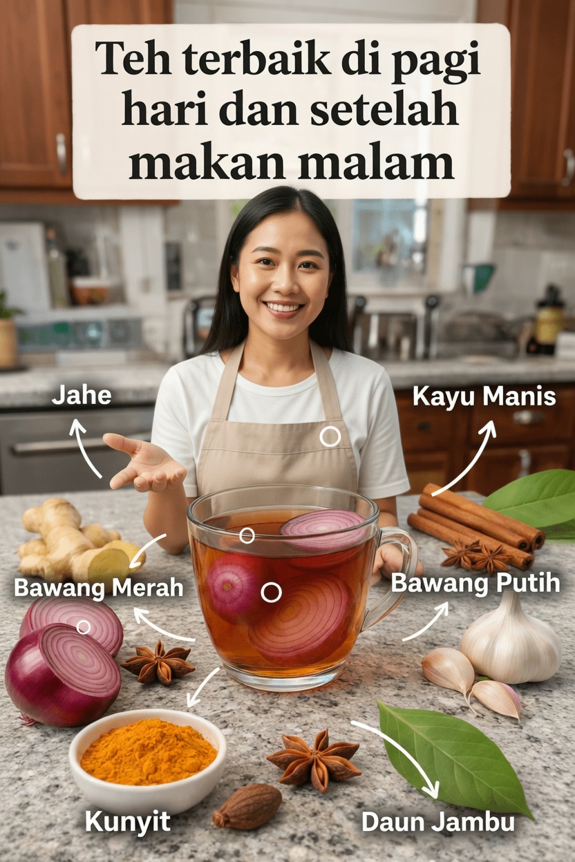 Resep Teh Pagi dan Setelah Makan Malam dengan Jahe Kunyit Bawang Bombay Bawang Putih Kayu Manis dan Daun Jambu Biji