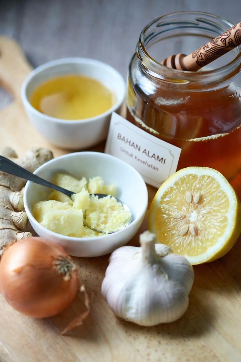 Panduan Sederhana Menyiapkan Campuran Jahe Parut, Bawang Bombai, Bawang Putih, Jus Lemon, dan Madu di Rumah