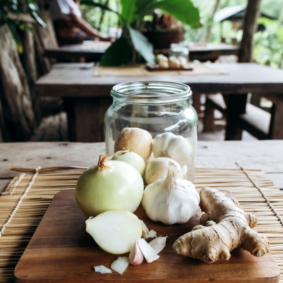 Ambil satu Bawang Bombay besar, Bawang Putih, dan Jahe. Potong-potong lalu masukkan ke dalam wadah kedap udara, lihat apa yang terjadi