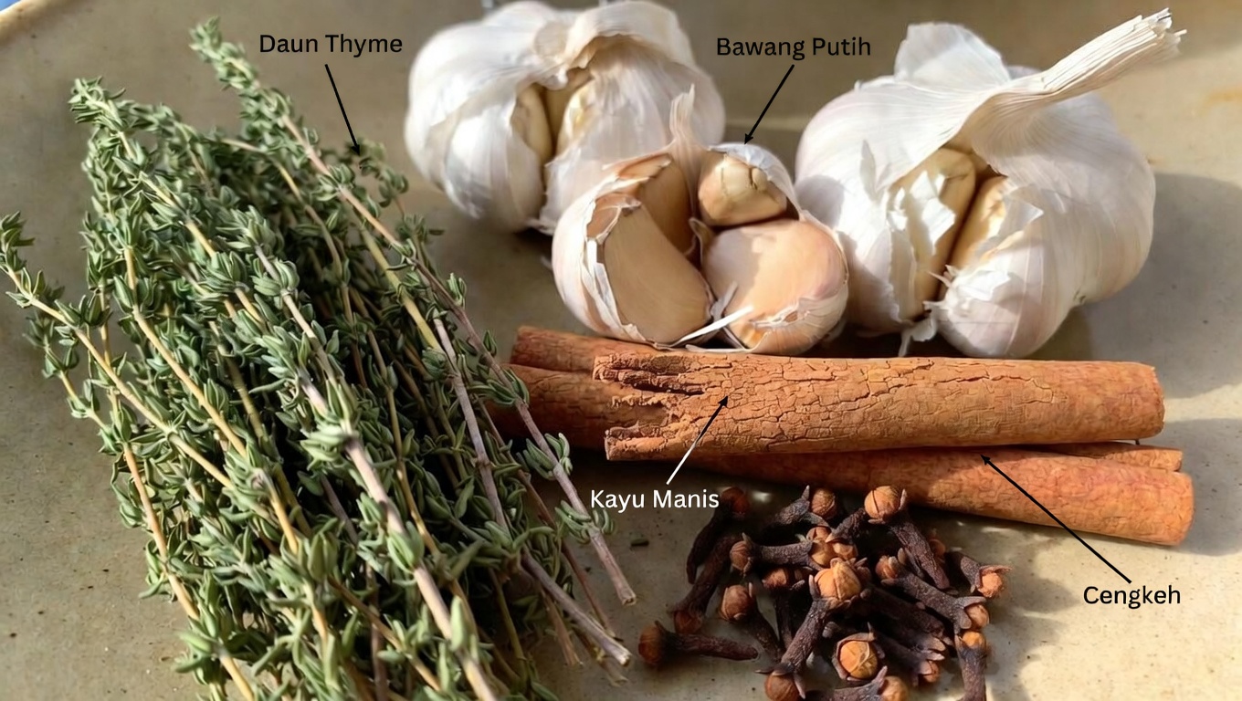 Infus Herbal Empat-Kekuatan: Menjelajahi Thyme, Bawang Putih, Kayu Manis, dan Cengkeh dalam Teh Harian Sederhana