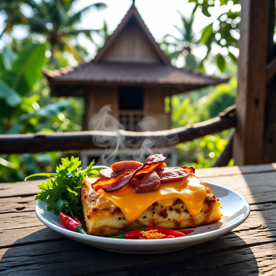 Panggang Sarapan Keju dengan Bacon dan Sosis